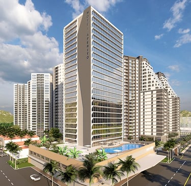 Exterior architectural view of the hotel and mixed-use commercial building at Aperito