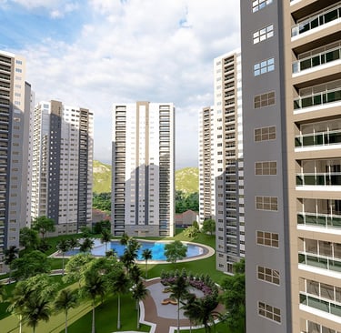 Courtyard view of high-rise condo towers surrounding the central pool and garden area