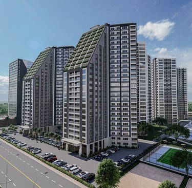 Exterior perspective view of Aperito Tower residential complex and sports facilities in Clark