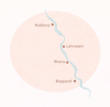 Map showing Rhine River locations including Koblenz, Lahnstein, Rhens, and Boppard in Germany.