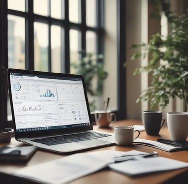 Laptop displaying business data analytics and charts on a desk with coffee mugs in a modern office.