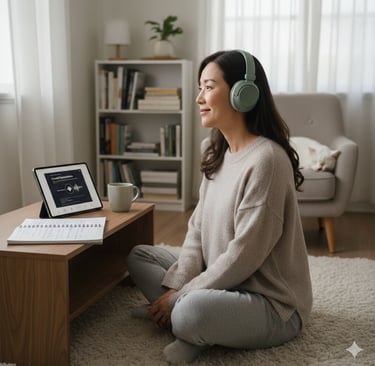 A woman is listing and learning English. 