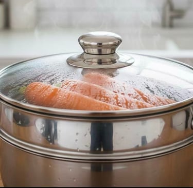 A steam pot with carrots in it. 