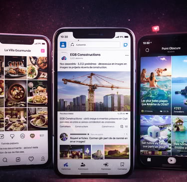 Montage de trois smartphones sur fond violet affichant des interfaces de réseaux sociaux