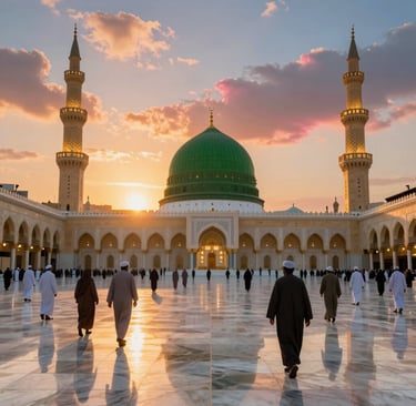 The illuminated Masjid an-Nabawi with its iconic green dome glowing against a twilight sky.