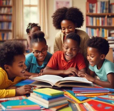 A group of children engaged in a lively storytelling session inside the cozy common room.