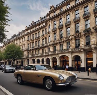 Sleek black Rolls-Royce with chauffeur waiting under London’s night sky.