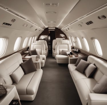 Sumptuous private jet cabin with plush leather seats and warm bronze accents.