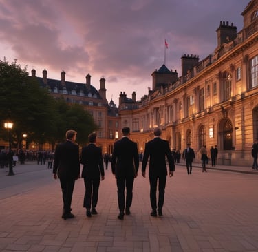 A personal security team arriving at a prestigious London venue at dusk, their professional attire and calm demeanor reflecting utmost discretion.