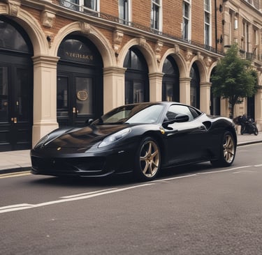 Shimmering supercar parked at dusk in Knightsbridge, city lights glowing.