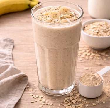 Batido de proteína con avena y plátano preparado con leche, desayuno saludable alto en proteína serv