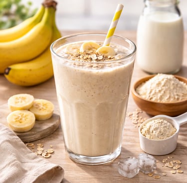Batido de proteína con plátano preparado con leche y proteína en polvo, desayuno alto en proteína se