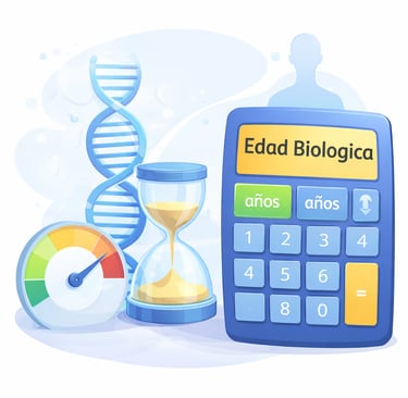 Calculadora de edad biológica con ADN, reloj de arena y medidor de salud