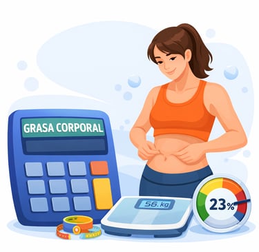 mujer midiendo su grasa corporal con calculadora, báscula y cinta métrica para conocer su porcentaje