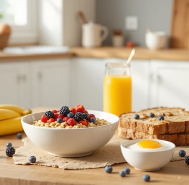 Desayuno saludable con mayor aporte de carbohidratos, compuesto por avena, pan integral, fruta fresc