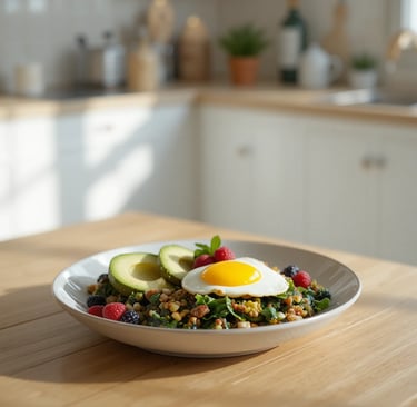 Desayuno bajo en carbohidratos con huevos, aguacate, verduras y frutos rojos