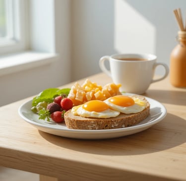 Desayuno equilibrado y saludable con huevos, pan integral, fruta fresca y café,
