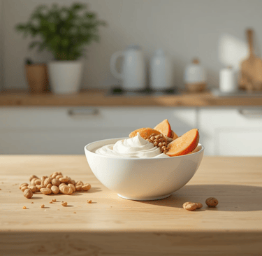 Desayuno ligero y saludable con yogur natural, fruta fresca y frutos secos,