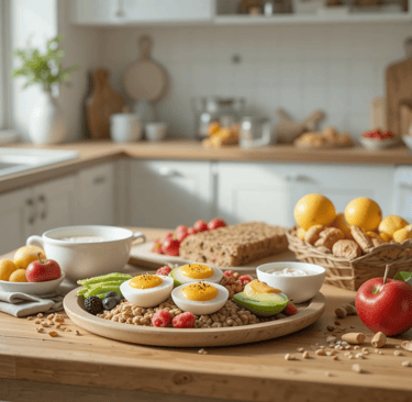 Desayuno proteico completo con huevos, yogur alto en proteína, aguacate, pan integral y fruta fresca