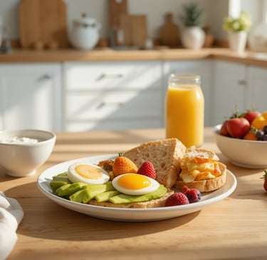 Desayuno saludable y energético con huevos, aguacate, pan integral, fruta fresca y yogur