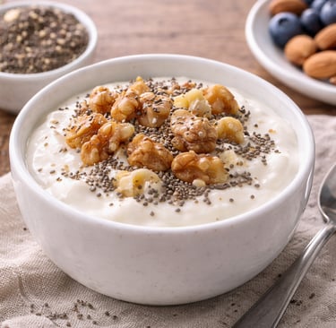 Yogur griego natural con nueces y semillas de chía, desayuno bajo en carbohidratos rico en proteína