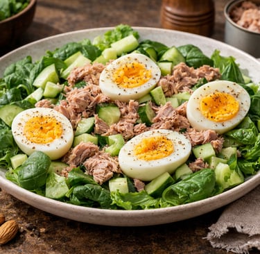 Ensalada de atún con huevos cocidos, pepino fresco y base de hojas verdes, un plato saludable y prot