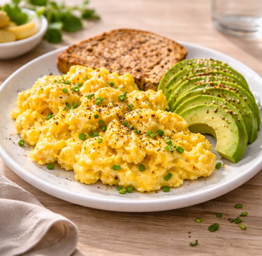 Huevos revueltos con aguacate y tostada integral, desayuno saludable alto en proteína servido en un 