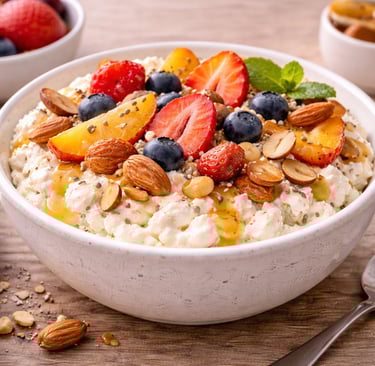Bol de queso cottage con almendras y fruta fresca, desayuno saludable alto en proteína.