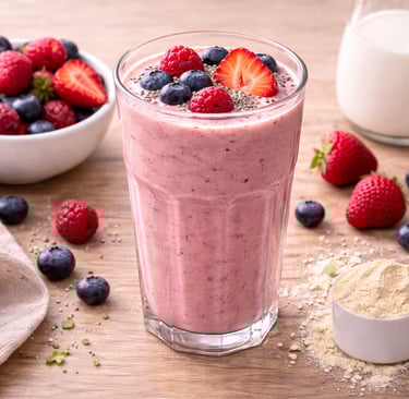 Smoothie de proteína con frutos rojos preparado con yogur natural y leche, desayuno saludable alto e