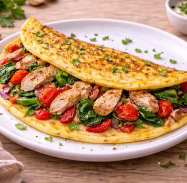Tortilla de huevos con pollo a la plancha y verduras, desayuno saludable alto en proteína servido en