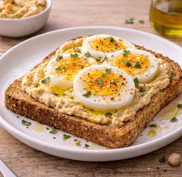 Tostada integral con hummus y huevo cocido aliñada con aceite de oliva, desayuno saludable alto en p