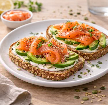 Tostada integral con salmón ahumado, aguacate y semillas, desayuno saludable alto en proteína servid