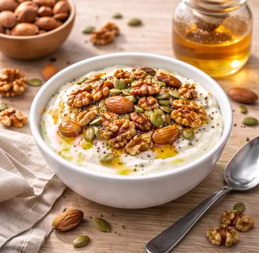 Yogur griego con frutos secos y semillas, desayuno saludable alto en proteína servido en un bol blan