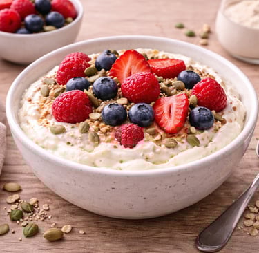 Bol de yogur griego mezclado con proteína en polvo, frutos rojos y semillas, desayuno saludable alto
