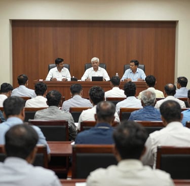 A welcoming courtroom scene with books and a gavel on a polished wooden desk.