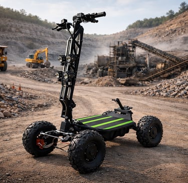 Oryx industrial electric scooter on rough terrain at a large worksite