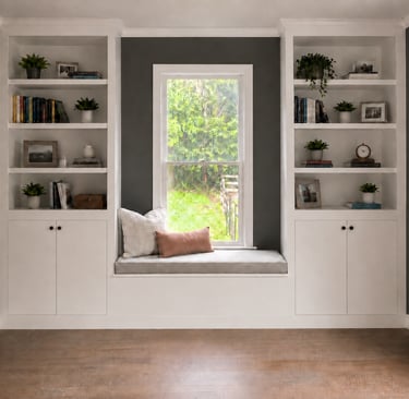 Custom built-in bookcases with window seat and storage cabinets