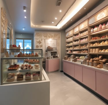 Elegant boutique ice cream shop interior with soft lighting and minimalist decor.