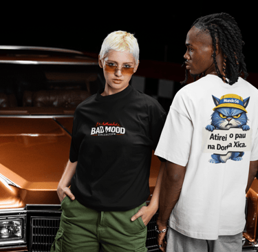 Oversizeds com caimento moderno, estampas impactantes nas costas e logo frontal Bad Mood