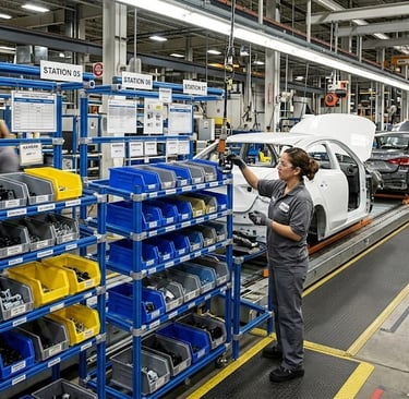 An industrial automotive assembly line with a worker organizing parts in blue bins near car frames.