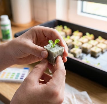 Manos sosteniendo un brote verde en un cubo de lana de roca para jardinería hidropónica de interior.