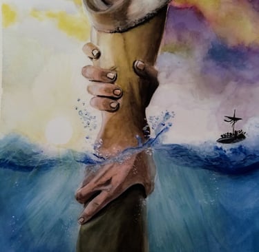 a painting of a woman's hand holding a hat