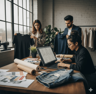 A creative team reviewing apparel samples and digital sketches in a professional fashion studio.
