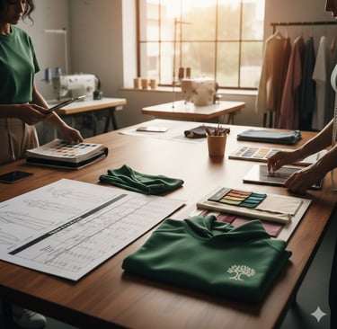 Professional apparel design studio featuring a green folded hoodie, technical tech packs, and fabric swatches