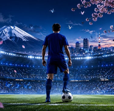 Joueur de l'équipe du Japon de football dans un stade avec le mont Fuji en arrière-plan