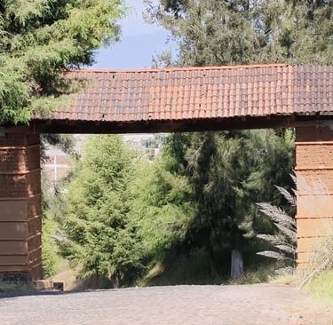 Patzcuaro Rustic stone archway with a clay tile roof over a paved road surrounded by lush trees.