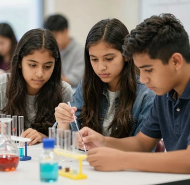 Students engaged in a hands-on science experiment with bright smiles