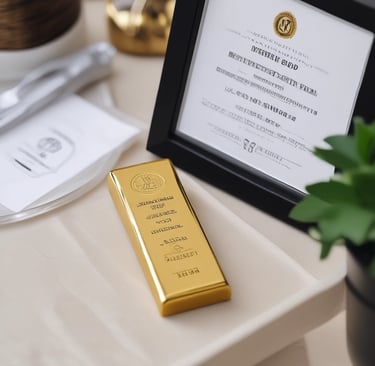 Close-up of a shiny gold bar with a certificate beside it on a sleek black surface.