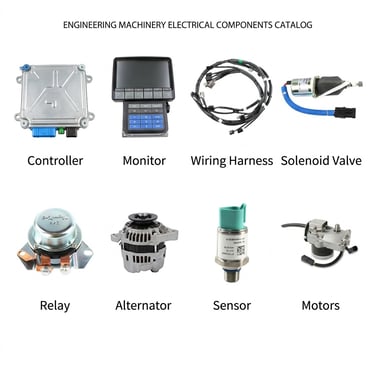 Engineering machinery electrical components catalog featuring a controller, monitor, wiring harness, and alternator.