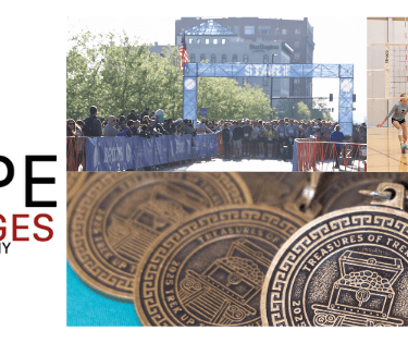 Sharpe Images sports photography banner featuring marathon runners, volleyball action, and custom event medals.